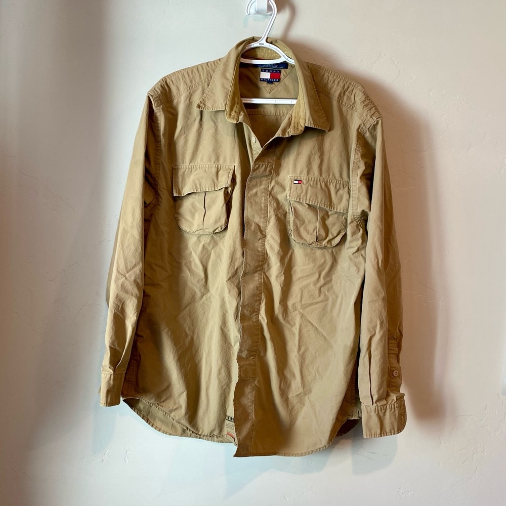 Tommy Hilfiger Men's Khaki Shirt Jacket Utility Durable Button Down Size L